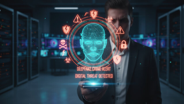 Deepfake ai crimes alert with digital threat detected hologram over man holding smartphone in server room