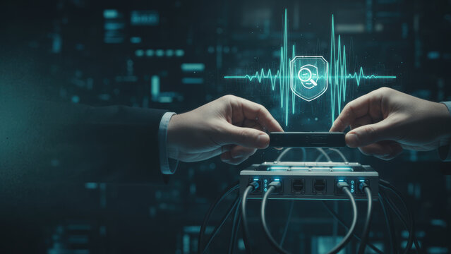 Cybersecurity concept with hands connecting network device and digital shield symbol representing protection against deepfake and ai crimes