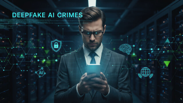 Deepfake ai crimes concept with businessman using smartphone data center surrounded by digital security icons and futuristic technology interface