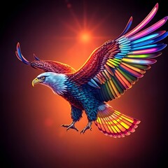 Fototapeta premium Colorful Rainbow Eagle Flying Against Bright Orange Sunset Sky