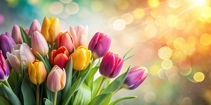 A vibrant bouquet of multicolored tulips, a delightful spring floral arrangement featuring a variety of pastel and bold hues, bathed in soft, warm light against a bokeh background.