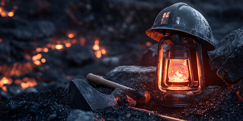 Miner Helmet, Pickaxe, and Lantern on Coal