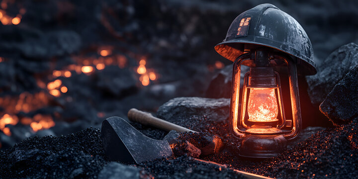 Miner Helmet, Pickaxe, and Lantern on Coal