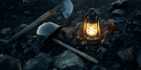 Miner Helmet, Pickaxe, and Lantern on Coal
