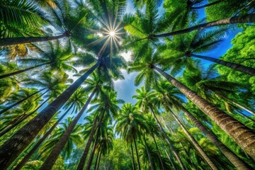 Fototapeta premium Sunbeams filtering through a lush canopy of palm trees, creating a vibrant and serene tropical scene