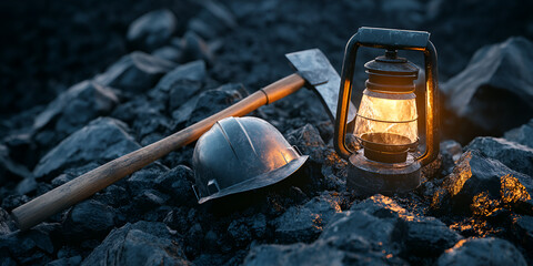Miner Helmet, Pickaxe, and Lantern on Coal