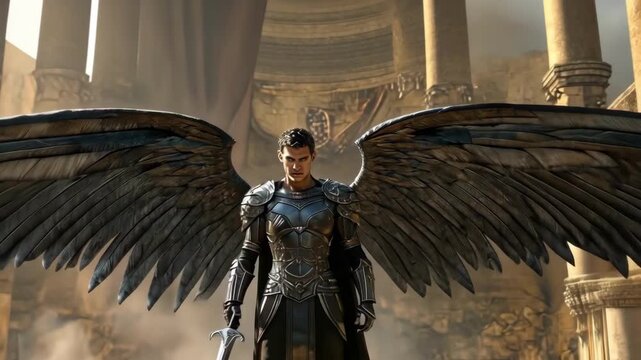 Powerful angel warrior with sword and wings standing in an ancient temple.