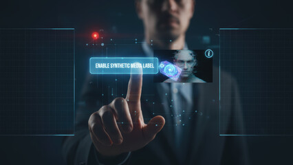 Enabling synthetic media label on futuristic interface highlights deepfake risks and ai crimes in digital identity verification systems
