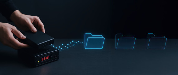External hard drive transferring data to digital folder icons representing file storage and deepfake ai crimes awareness in technology