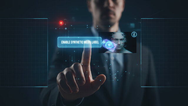 Enabling synthetic media label on futuristic interface highlights deepfake risks and ai crimes in digital identity verification systems
