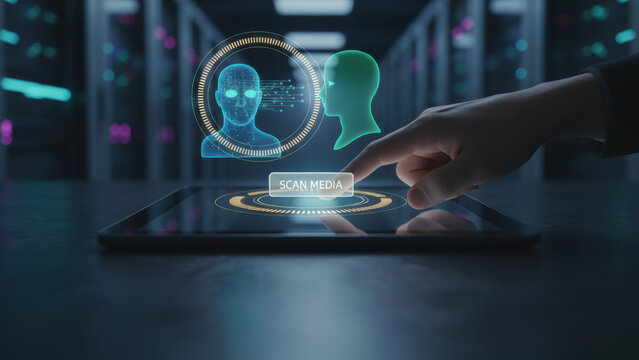 Facial recognition technology on tablet with ai deepfake detection preventing crimes in digital security system