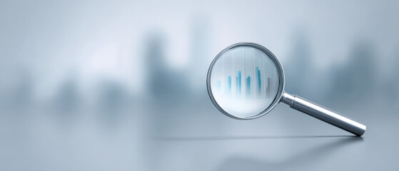 Magnifying Glass Focuses on Business Chart, Data Analysis and Financial Growth Concept with Abstract Cityscape Background, Investment Research and Market Trends, 