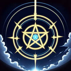 Mystical glowing pentagram celestial portal illuminates starry night sky with cosmic energy and ethereal clouds