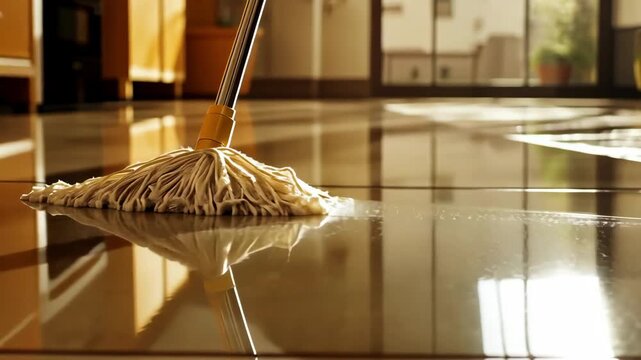 Close-up of a mop cleaning a shiny, reflective floor in a bright, modern space.