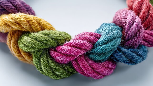 Braided Multicolored Glitter Ropes Close Up on Light Background Festive Sparkle Braiding Craft Material Vibrant Colors Texture Fibers Detail Knot Connection