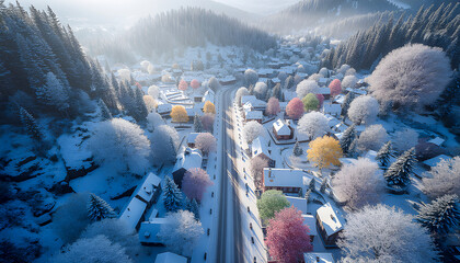 Aerial view of a small snowy village nestled among pine covered hills with colorful trees lining the street winter sunlight casting long shadows over rooftops and quiet roads