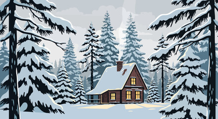 Flat Illustration Winter Cabin Scene Surrounded by Snow Covered Trees