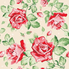 retro style Red rose  with green leaves illustration