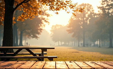 Wooden picnic table under autumn trees in a park with warm sunlight and golden leaves, peaceful morning atmosphere.