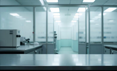Modern laboratory interior with metal tables, microscopes, and sterile lighting, clean scientific research environment.