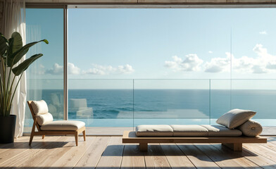 Modern coastal interior with wooden lounge chairs, ocean view, and natural sunlight through glass walls.