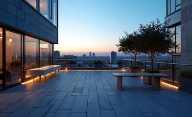 Modern rooftop terrace at sunset with benches, glass railing, potted trees and panoramic city skyline view.