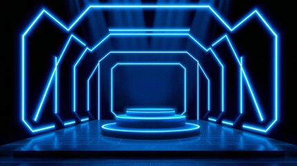 Futuristic neon tunnel with circular podium and geometric shapes