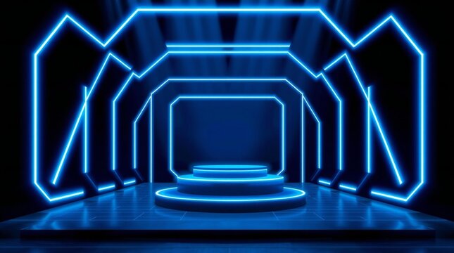 Futuristic neon tunnel with circular podium and geometric shapes