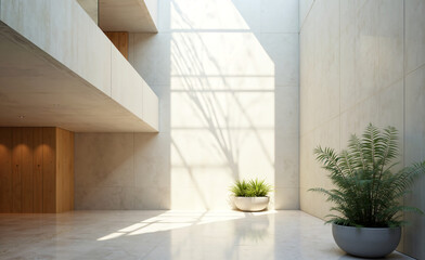 Modern minimalist atrium with natural sunlight casting shadows on stone walls, featuring potted green plants and clean architectural lines.