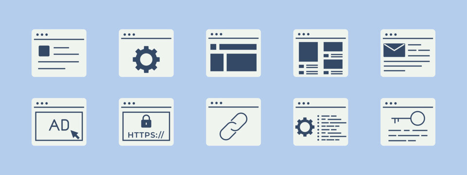 SEO symbol icon set. Solid vector icons. Flat illustration concept.