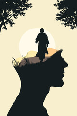 Surreal illustration of a lone figure walking on a landscape shaped inside a human head silhouette, symbolizing inner journeys, self-discovery, mindfulness, and the exploration of the subconscious.