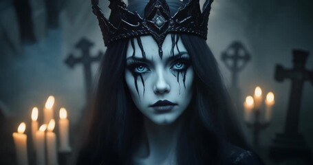 Gothic queen, dark crown, piercing blue eyes, intense stare. Surrounded by flickering candles and ancient symbols. Cinematic dark fantasy portrait - Powered by Adobe