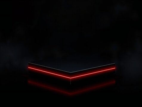 Futuristic geometric shape with glowing red neon lights on black background