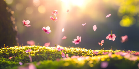 Falling Pink Flower Petals in Sunlit Forest