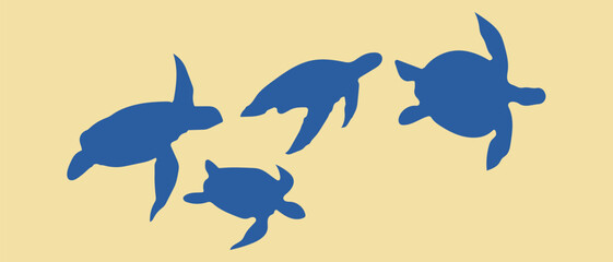 Minimalist Vector Silhouettes of Swimming Sea Turtles