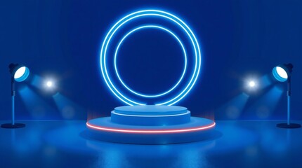 Futuristic neon oval stage with spotlight illumination