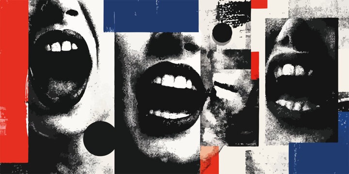 Colagem abstrata com bocas gritando em preto e branco, detalhes em vermelho e azul.