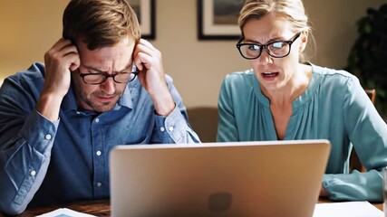 A concerned couple with glasses looks at a laptop. The man has his head in his hands - Powered by Adobe