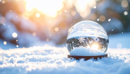 Snow globe with winter scene set on fresh snow with bokeh lights and a sunny background.