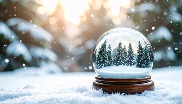 Snow globe with winter forest landscape with falling snow, and holiday magic bokeh.