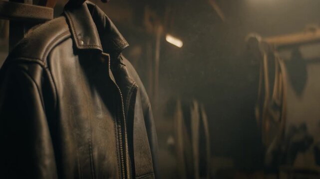 A leather jacket hangs on a rusted metal hook in a dimly lit workshop