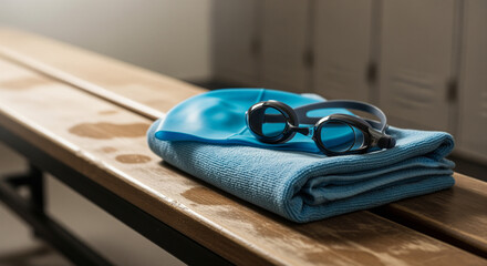 Swimming goggles, a blue swim cap, and a towel rest on a wooden bench in a locker room, ready for a workout or swim practice session.