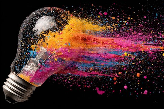 Exploding Light Bulb with Vibrant Colorful Splatter on Black Background Conceptual Illustration - Powered by Adobe