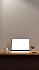 Fototapeta premium Blank screen of laptop for mockup. Workspace with computer, coffee cup, plant and mobile phone. 8k high resolution in Vertical format.