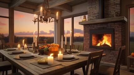 A cozy farmhouse dining room at sunset, with a long wooden table set for a Thanksgiving - Powered by Adobe