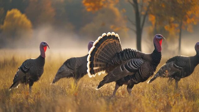 A group of wild turkeys, with their distinctive feather patterns and distinctive fanned tail