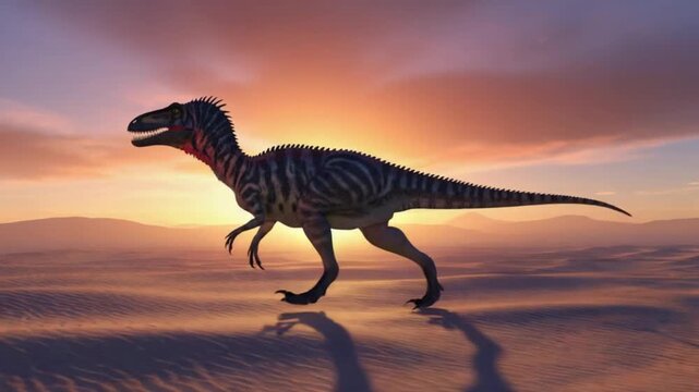 Dinosaur walking across a flat landscape with a bright sunset in the background scene setting dinosaur video