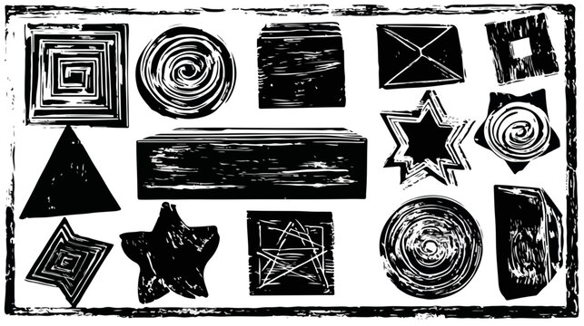 Cole&ccedil;&atilde;o de formas geom&eacute;tricas abstratas em preto e branco com textura de carimbo para design gr&aacute;fico e arte.