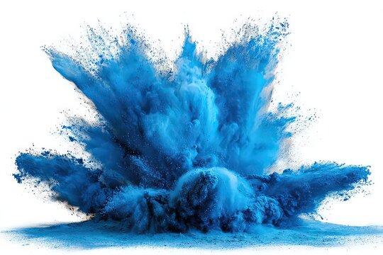 Exploding cloud of vivid blue powder particles against clean white backdrop creating dynamic burst effect