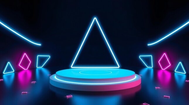 Futuristic neon triangle stage with circular platform and geometric lights - Powered by Adobe